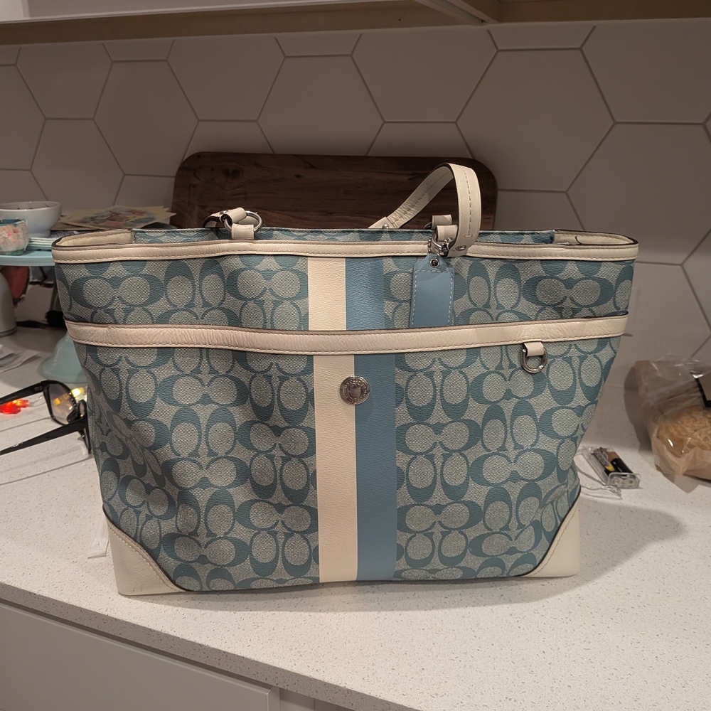 Coach Blue and Cream Signature Tote Bag
